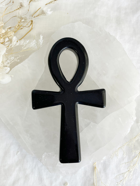 obsidian ankh carving, stoned and saged crystal shop Australia