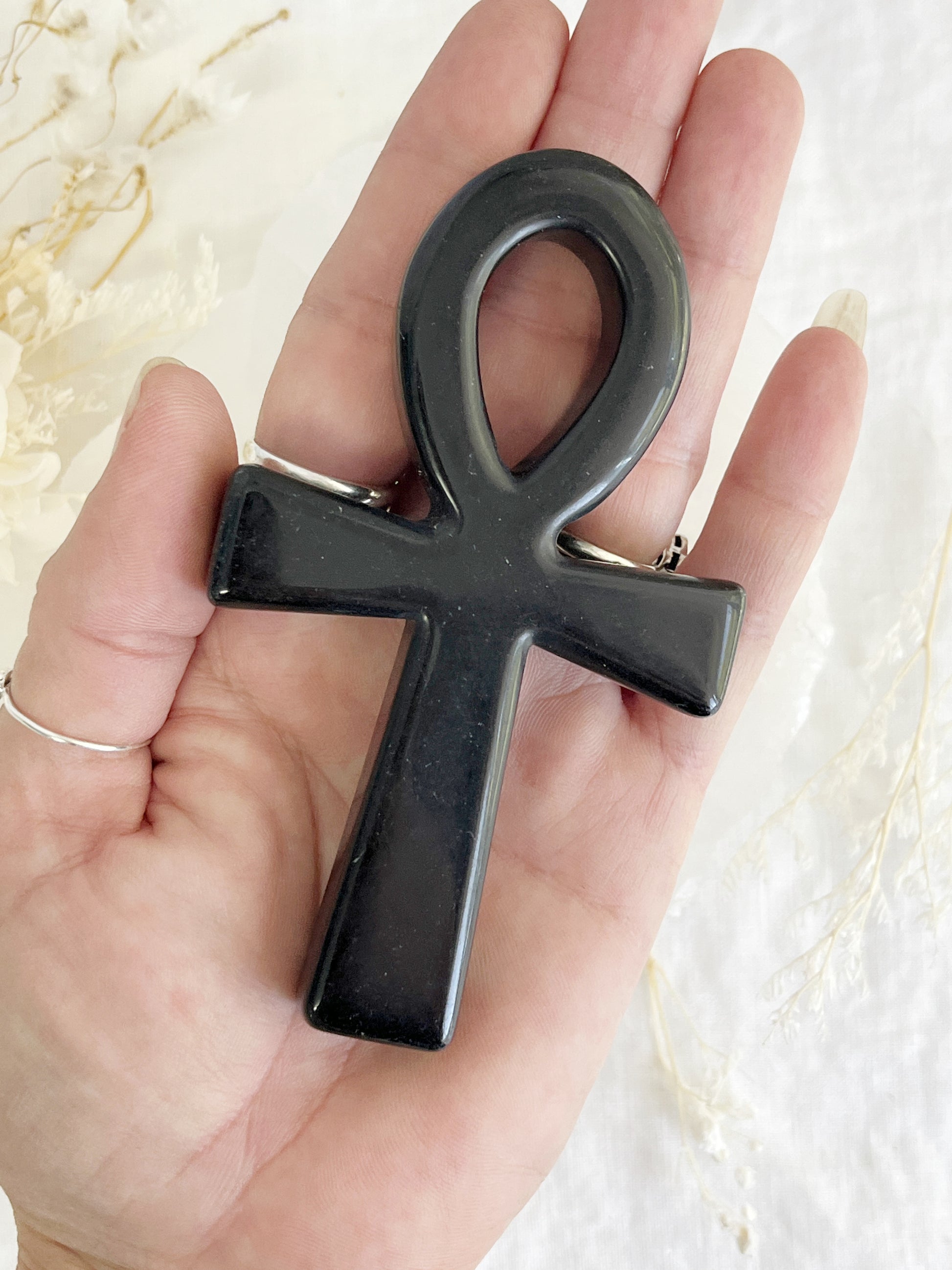 obsidian ankh carving, stoned and saged crystal shop Australia