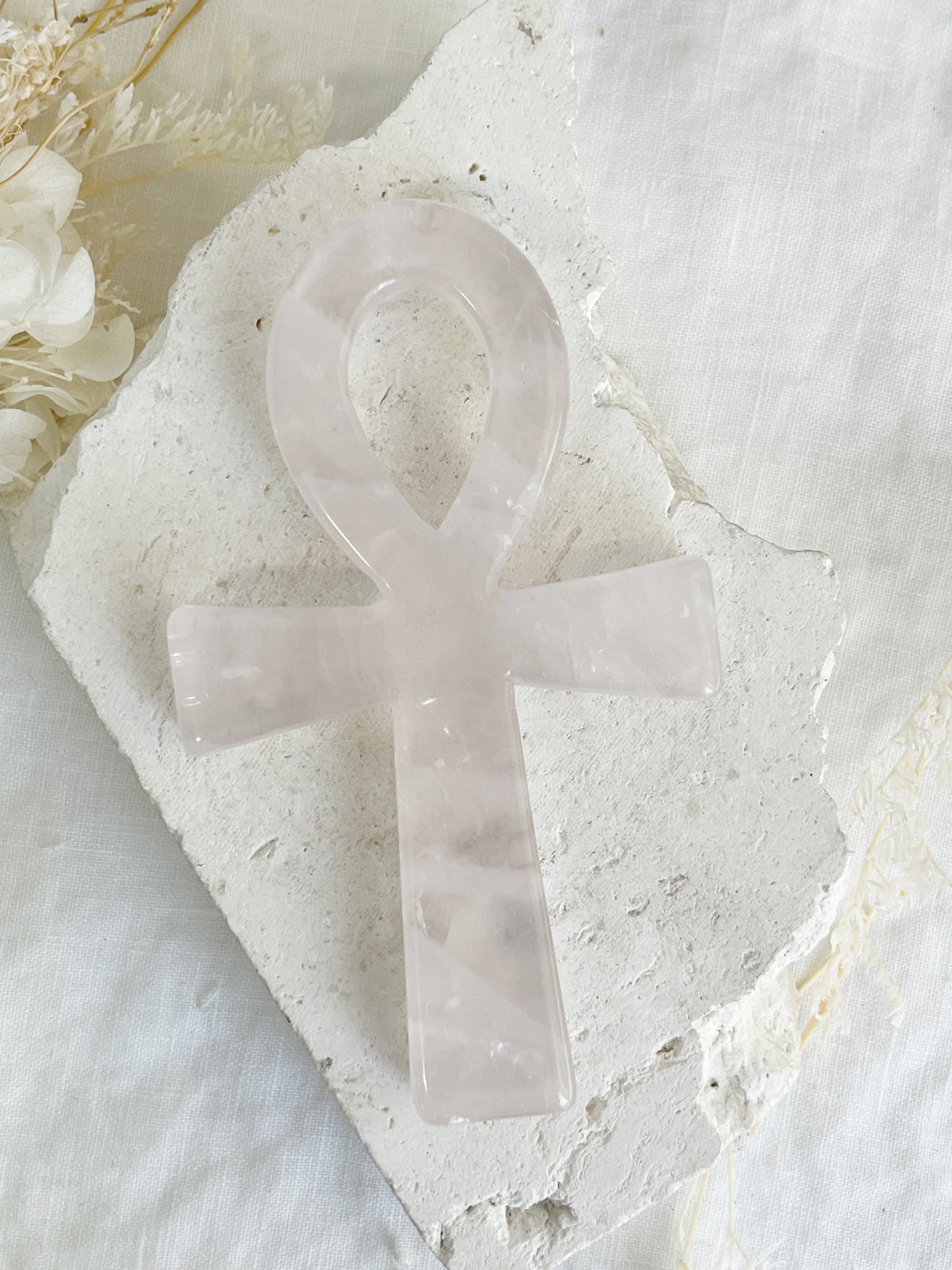 rose quartz ankh carving, stoned and saged crystal shop Australia