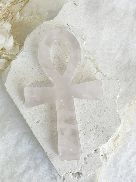 rose quartz ankh carving, stoned and saged crystal shop Australia