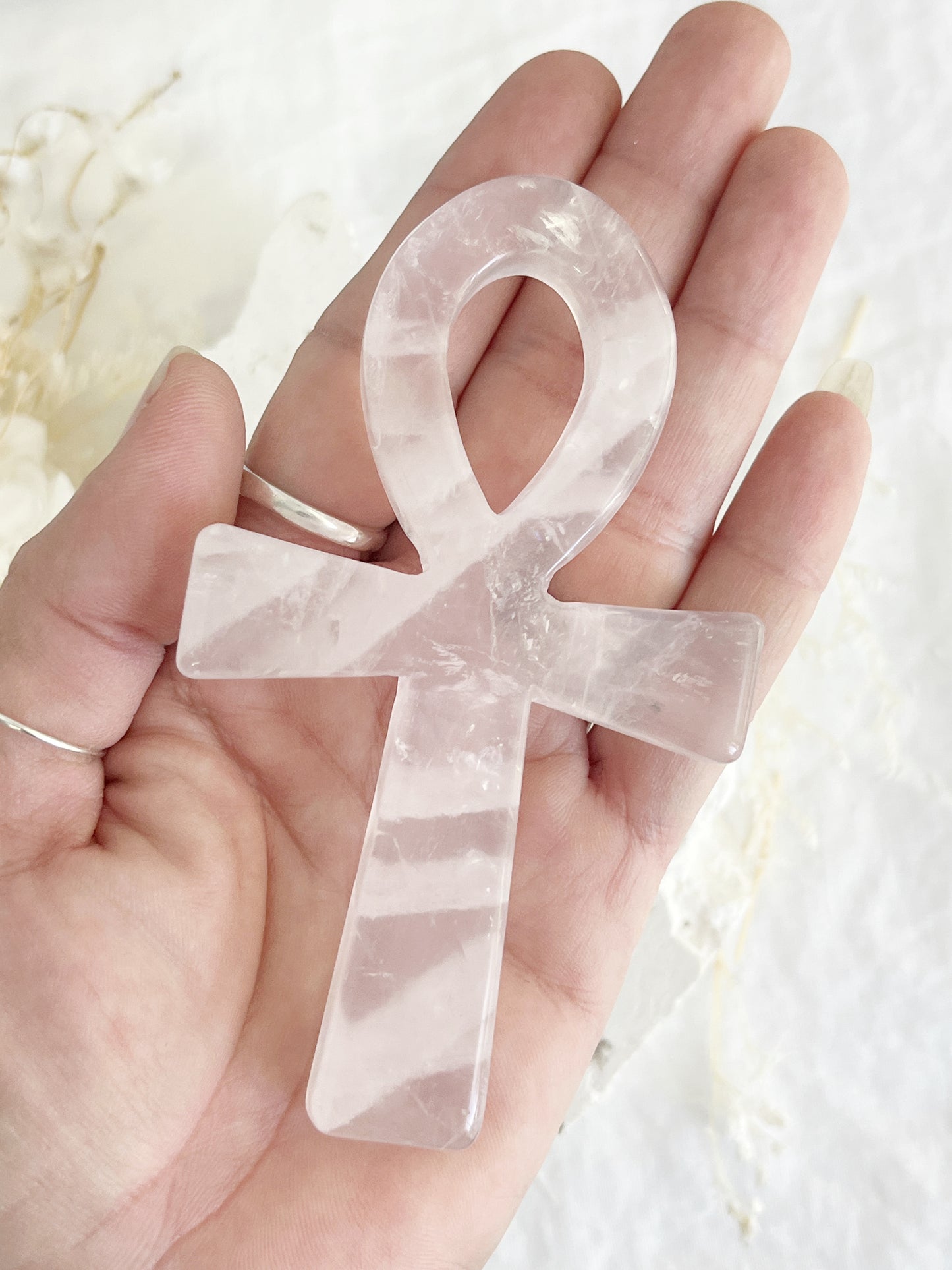 rose quartz ankh carving, stoned and saged crystal shop Australia