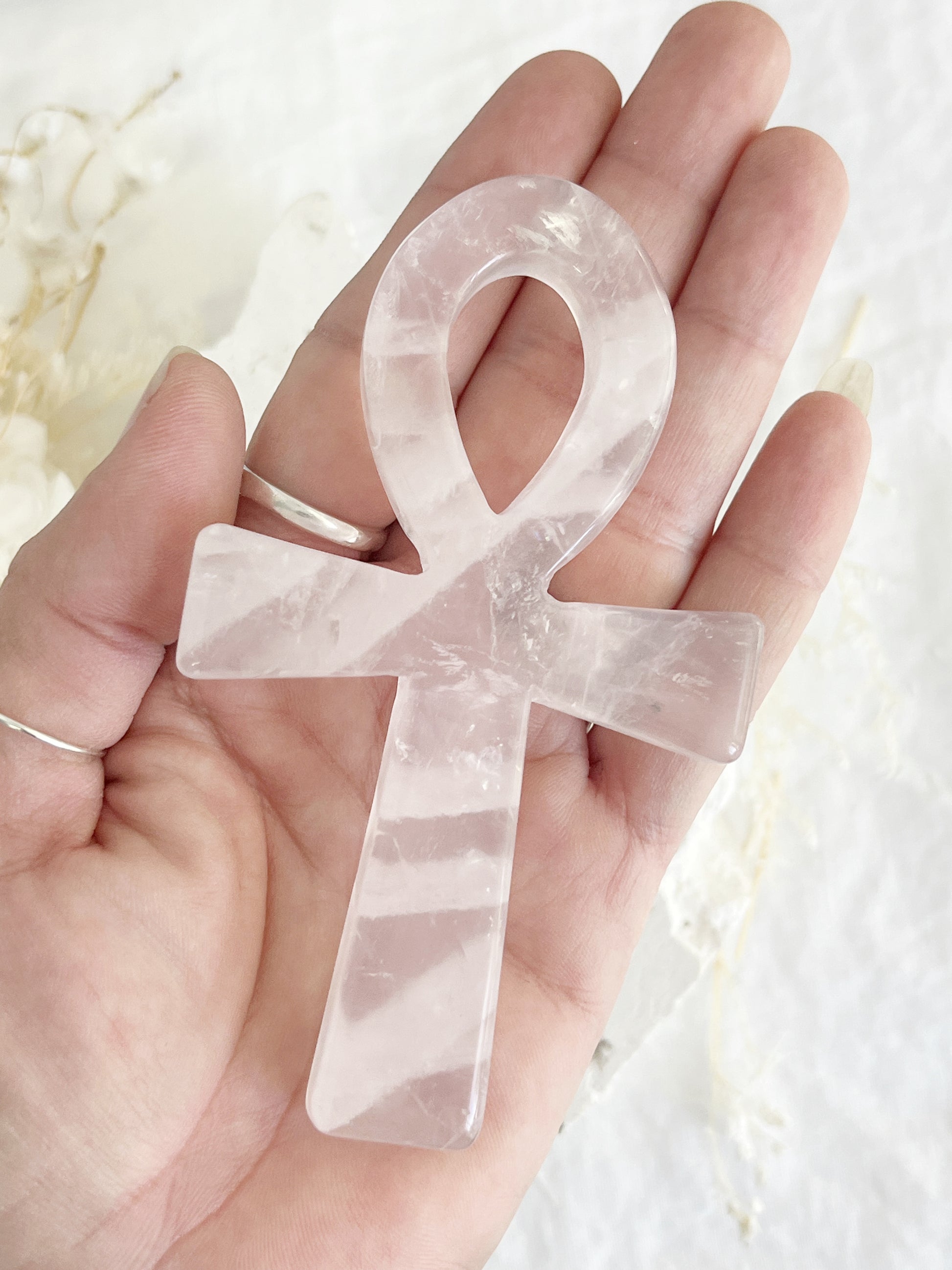 rose quartz ankh carving, stoned and saged crystal shop Australia