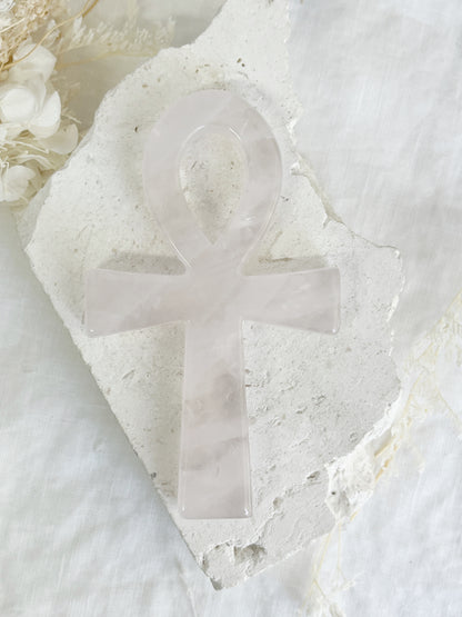 rose quartz ankh carving, stoned and saged crystal shop Australia
