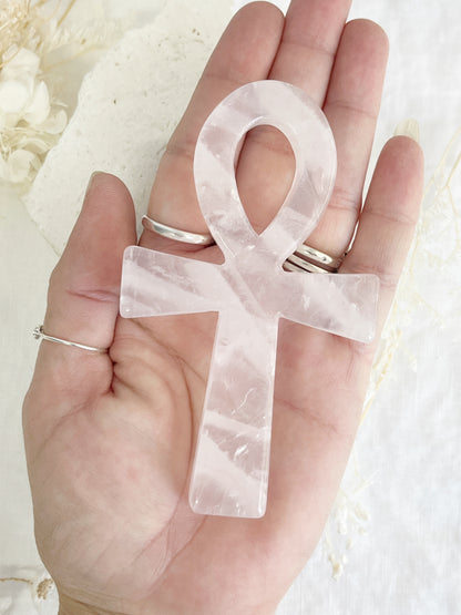 rose quartz ankh carving, stoned and saged crystal shop Australia
