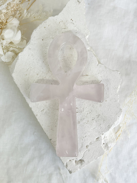 rose quartz ankh carving, stoned and saged crystal shop Australia