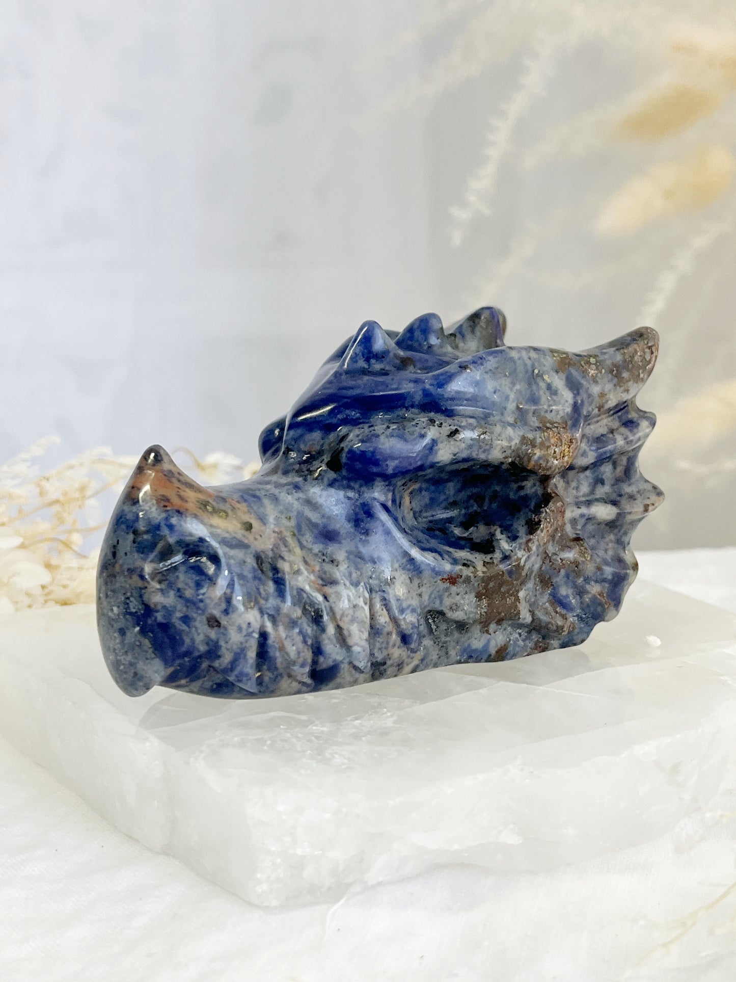 sodalite dragon head carving, stoned and saged crystal shop Australia