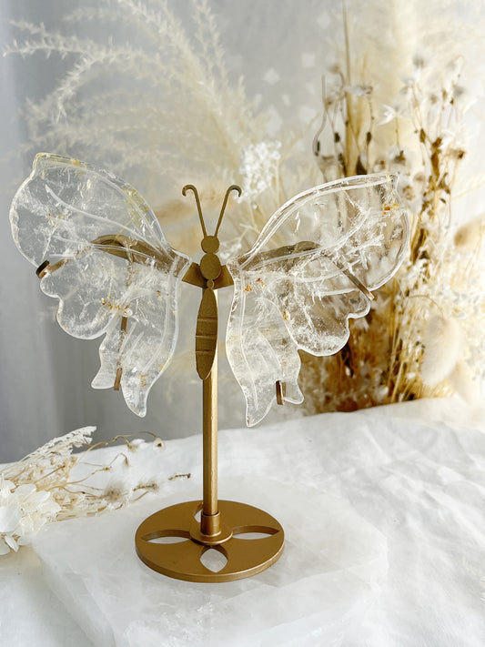 Clear Quartz butterfly wings on gold stand with golden healer inclusions, Stoned and Saged crystal shop Australia