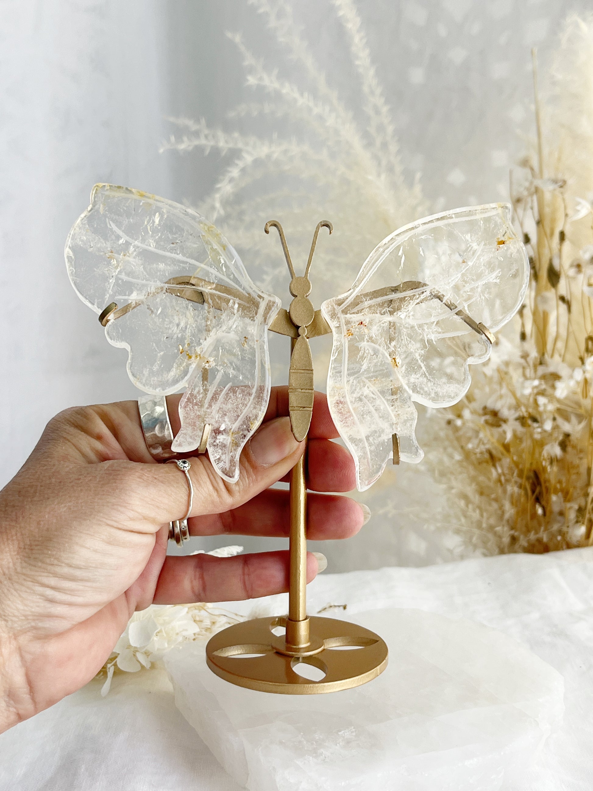 Clear Quartz butterfly wings on gold stand with golden healer inclusions, Stoned and Saged crystal shop Australia