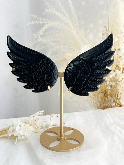 Black Obsidian angel wings on gold stand, Soned and Saged crystal shop Australia