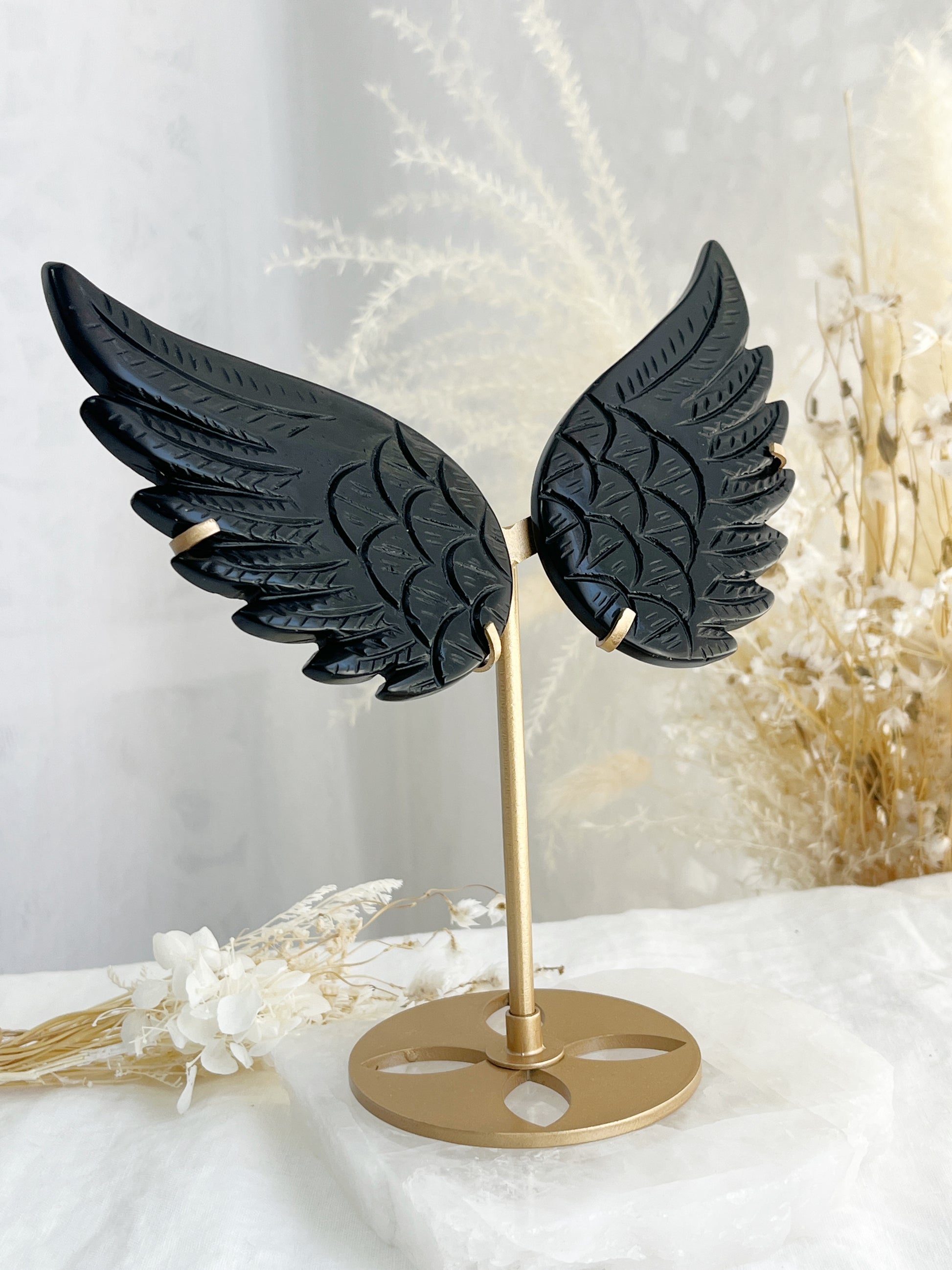 Black Obsidian angel wings on gold stand, Soned and Saged crystal shop Australia