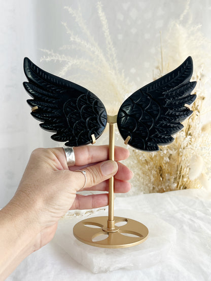 Black Obsidian angel wings on gold stand, Soned and Saged crystal shop Australia