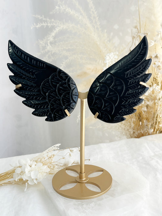 Black Obsidian angel wings on gold stand, Soned and Saged crystal shop Australia