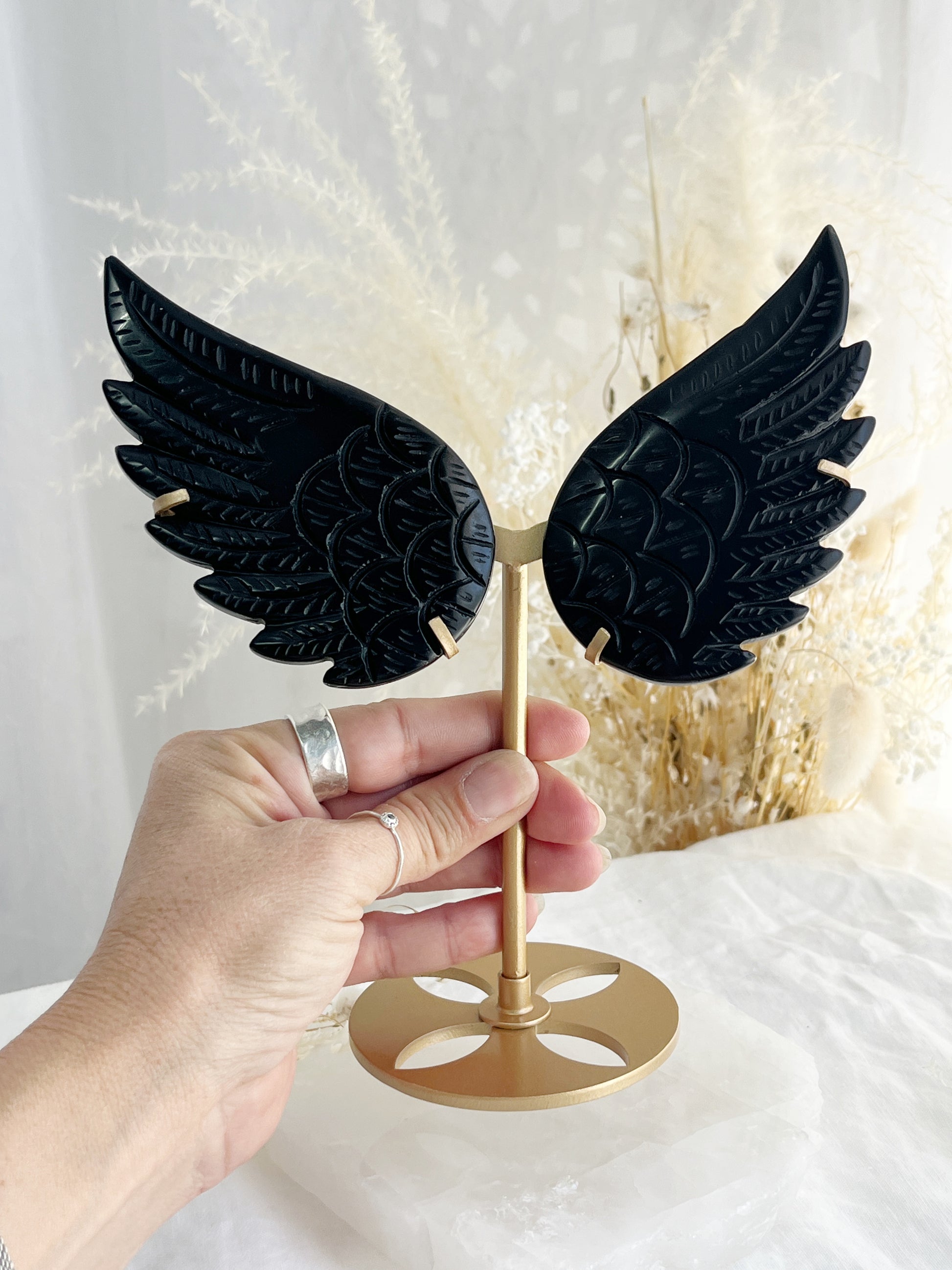 Black Obsidian angel wings on gold stand, Soned and Saged crystal shop Australia
