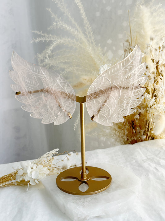 Rose Quartz angel wings on gold stand, Stoned and Saged crystal shop Australia