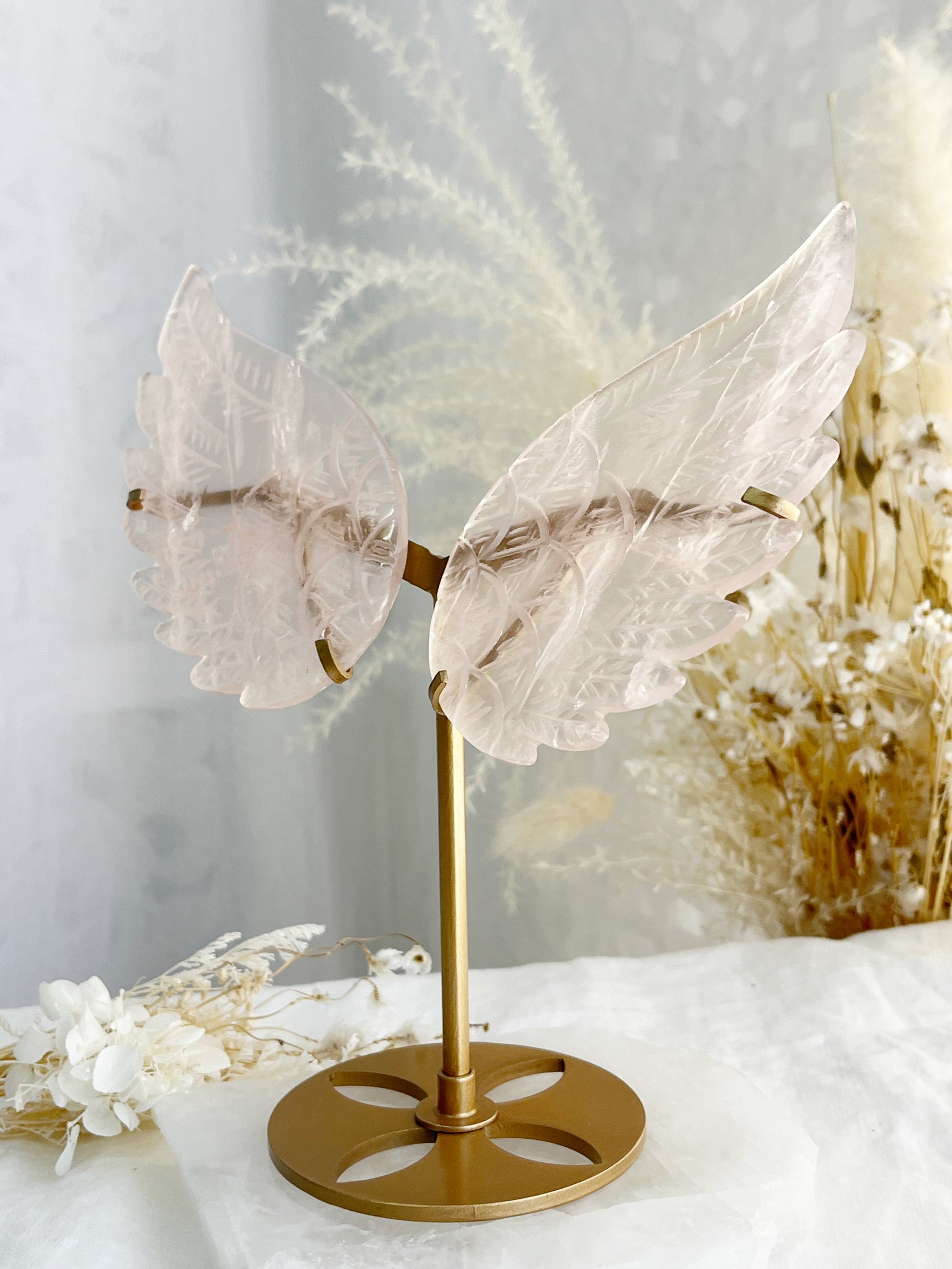 Rose Quartz angel wings on gold stand, Stoned and Saged crystal shop Australia