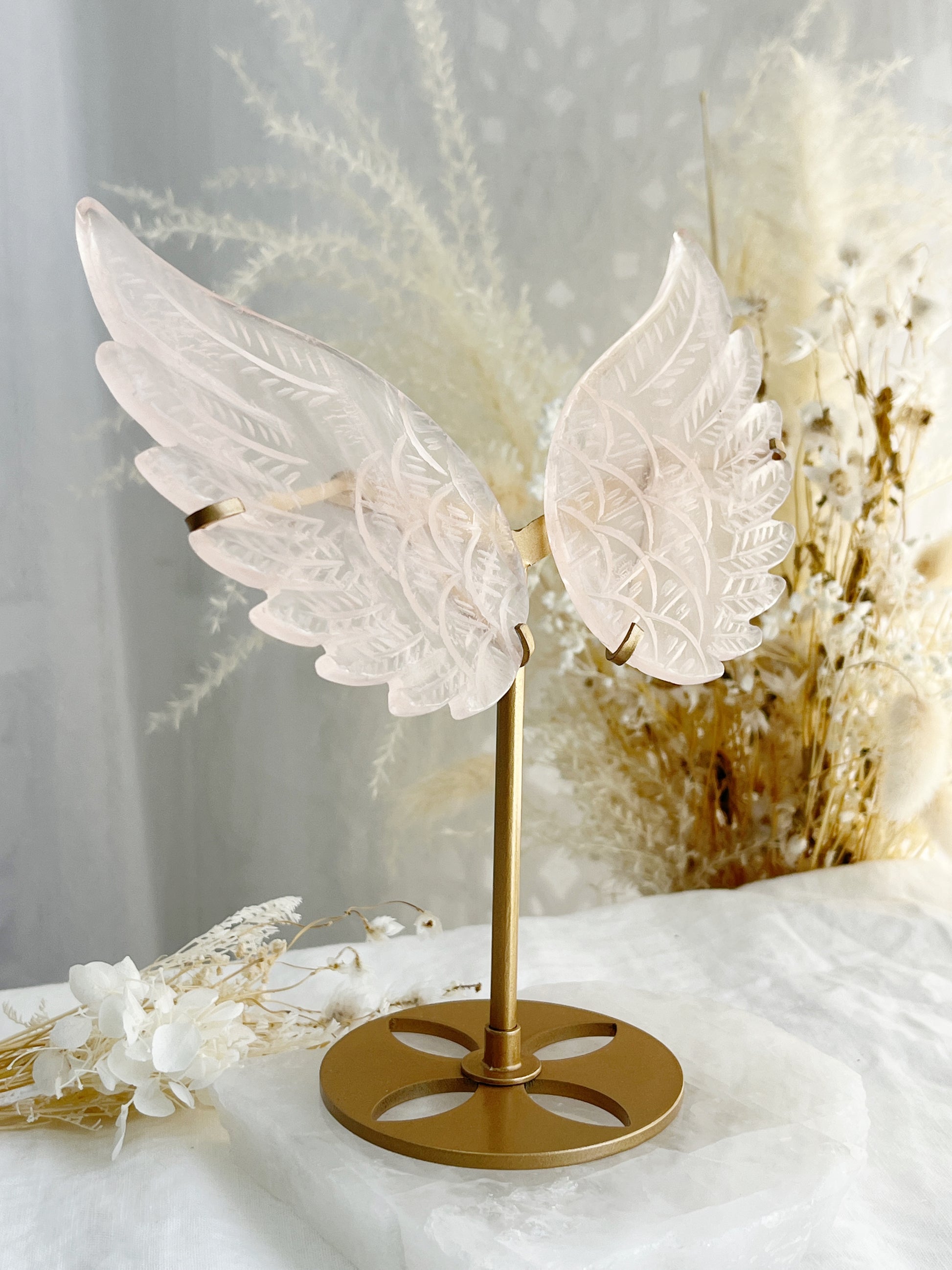 Rose Quartz angel wings on gold stand, Stoned and Saged crystal shop Australia