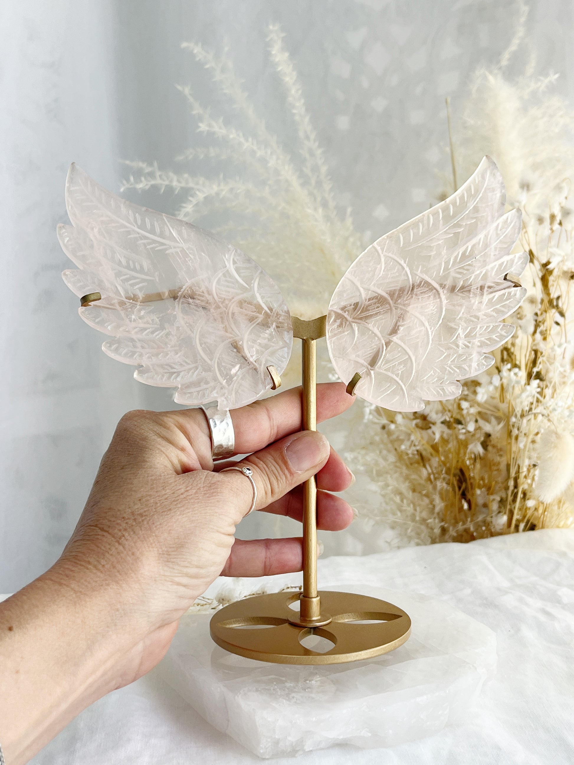 Rose Quartz angel wings on gold stand, Stoned and Saged crystal shop Australia