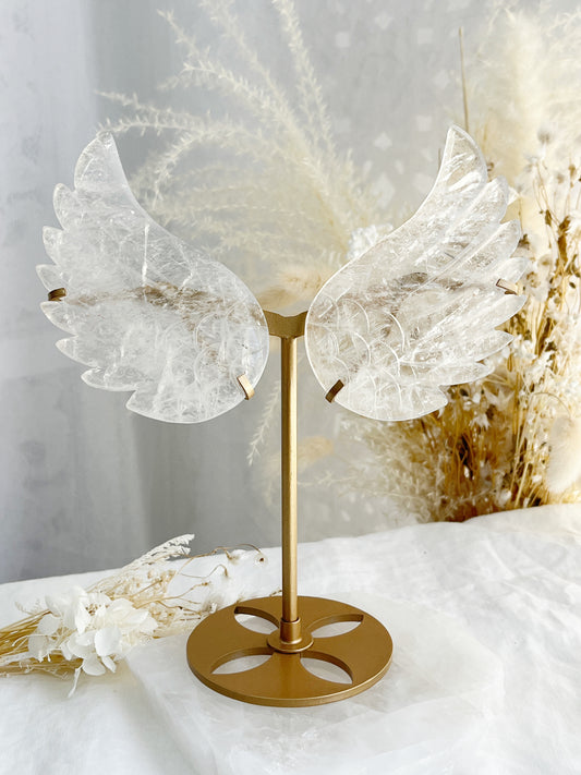 Clear Quartz angel wings on gold stand, Stoned and Saged crystal shop Australia