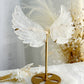 Clear Quartz angel wings on gold stand, Stoned and Saged crystal shop Australia