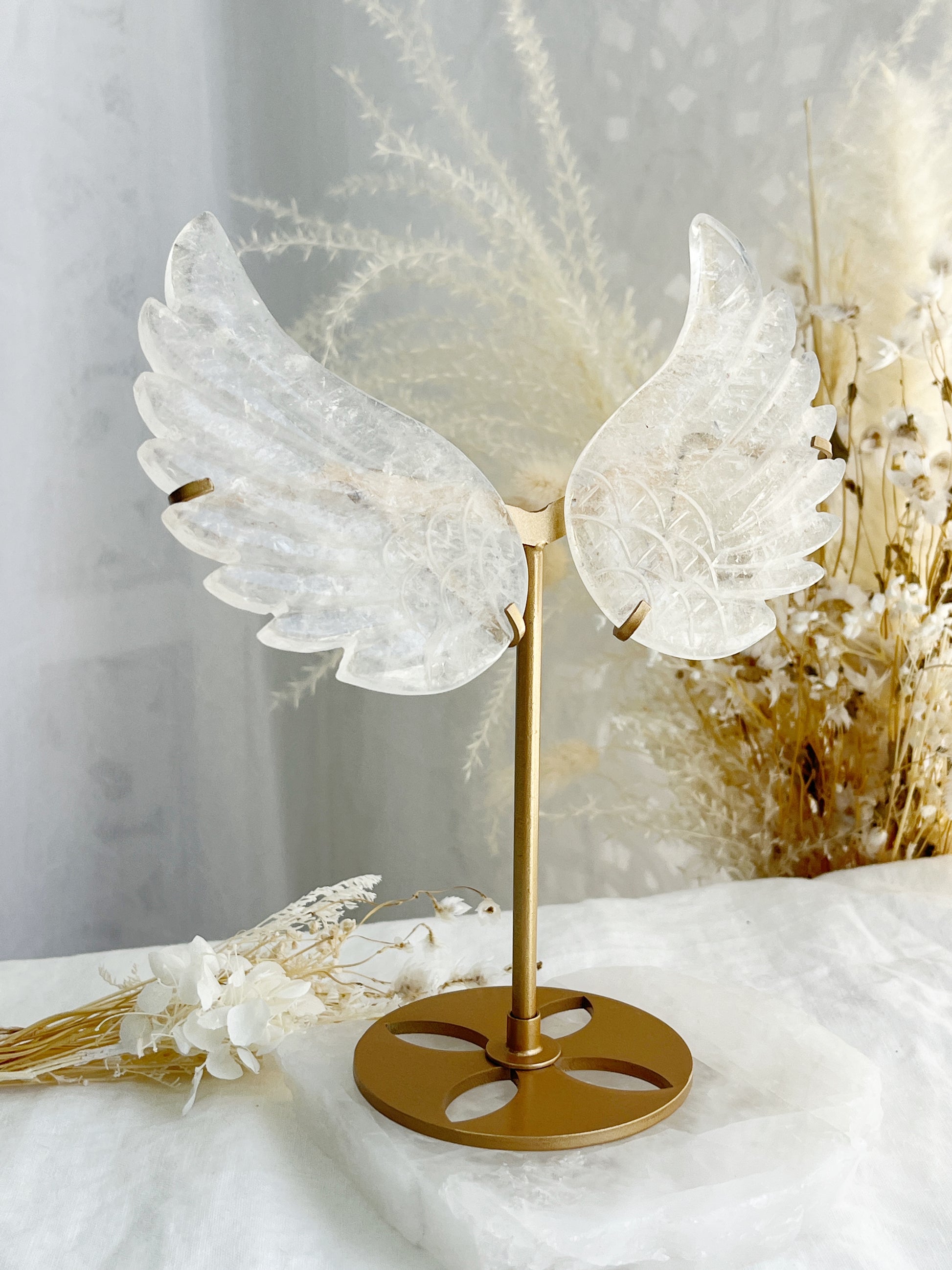Clear Quartz angel wings on gold stand, Stoned and Saged crystal shop Australia