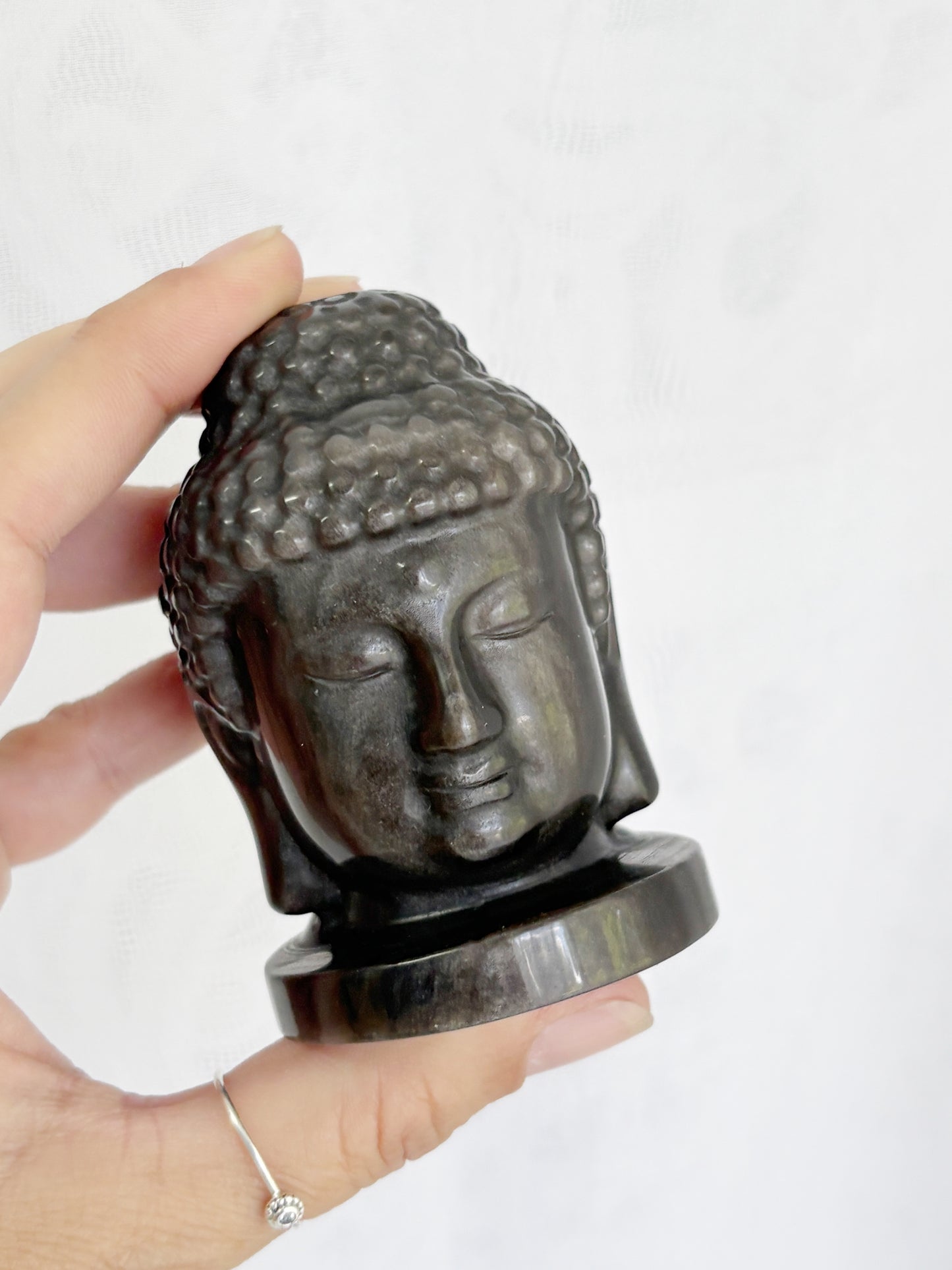 SILVER SHEEN OBSIDIAN BUDDHA HEAD