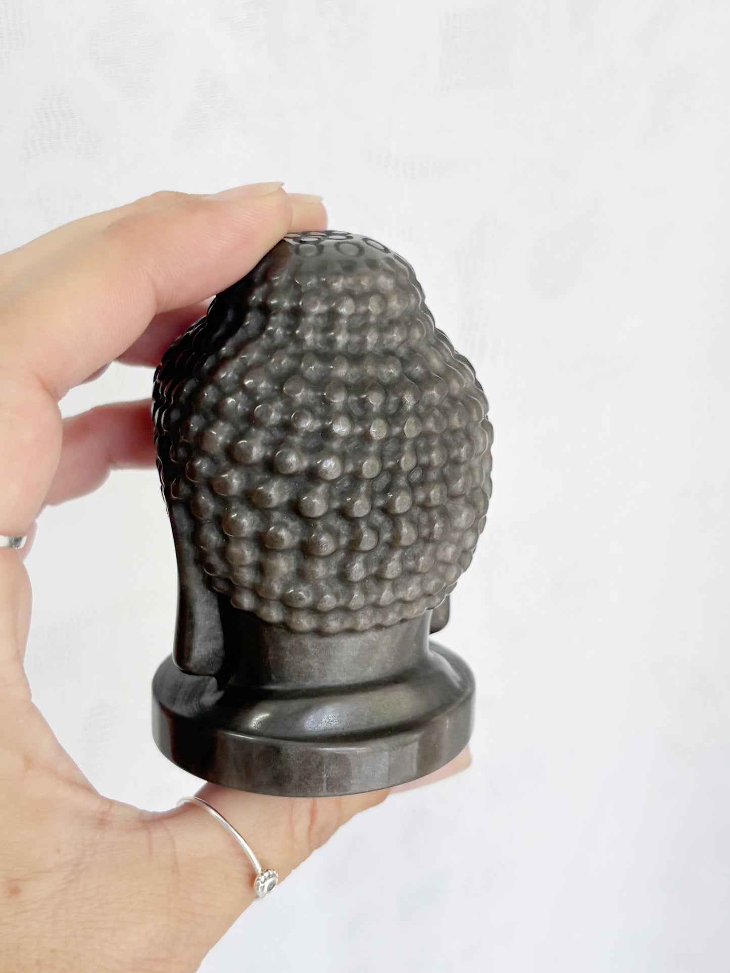 SILVER SHEEN OBSIDIAN BUDDHA HEAD