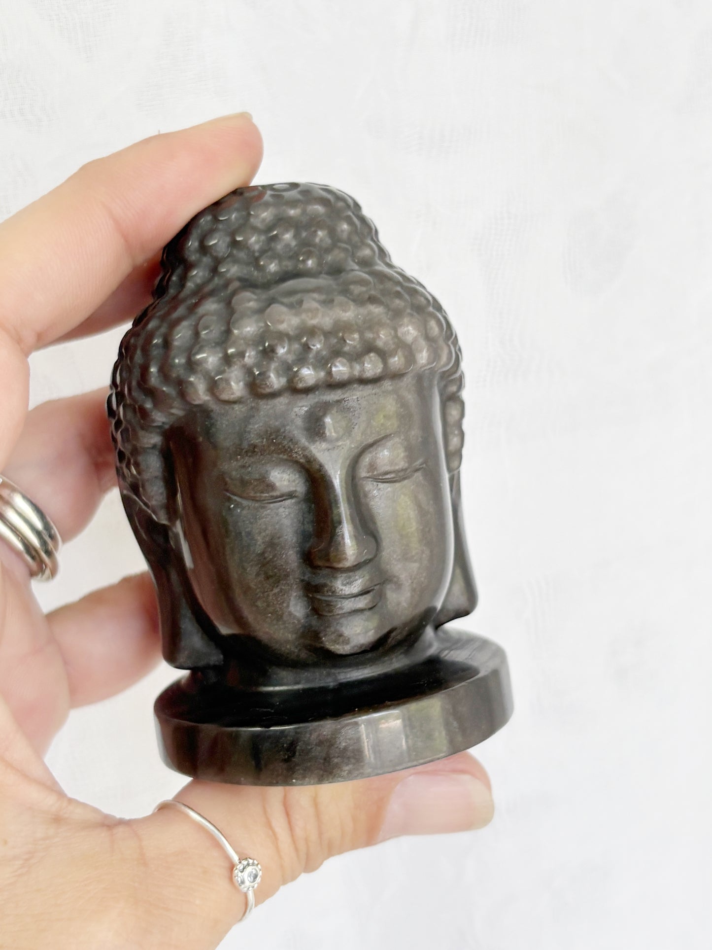 SILVER SHEEN OBSIDIAN BUDDHA HEAD