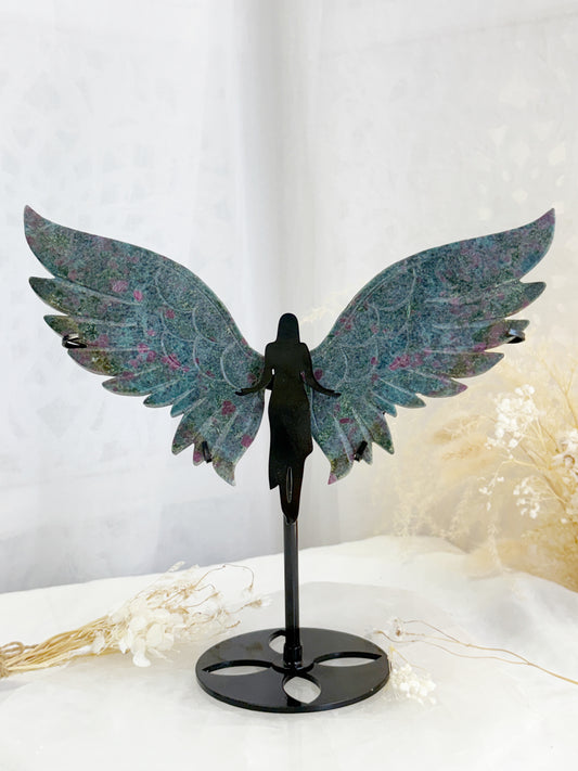 RUBY KYANITE WITH FUCHSITE ANGEL WINGS || ON BLACK STAND