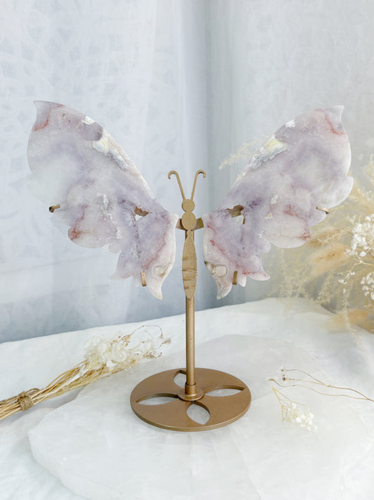 AMETHYST & FLOWER AGATE BUTTERFLY WINGS  || ON GOLD STAND AFAW01