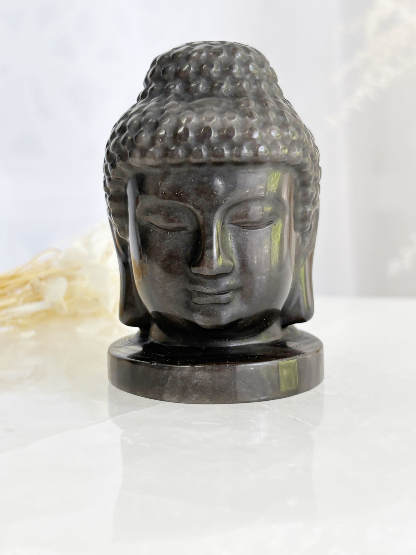 SILVER SHEEN OBSIDIAN BUDDHA HEAD CARVING STONED AND SAGED AUSTRALIA