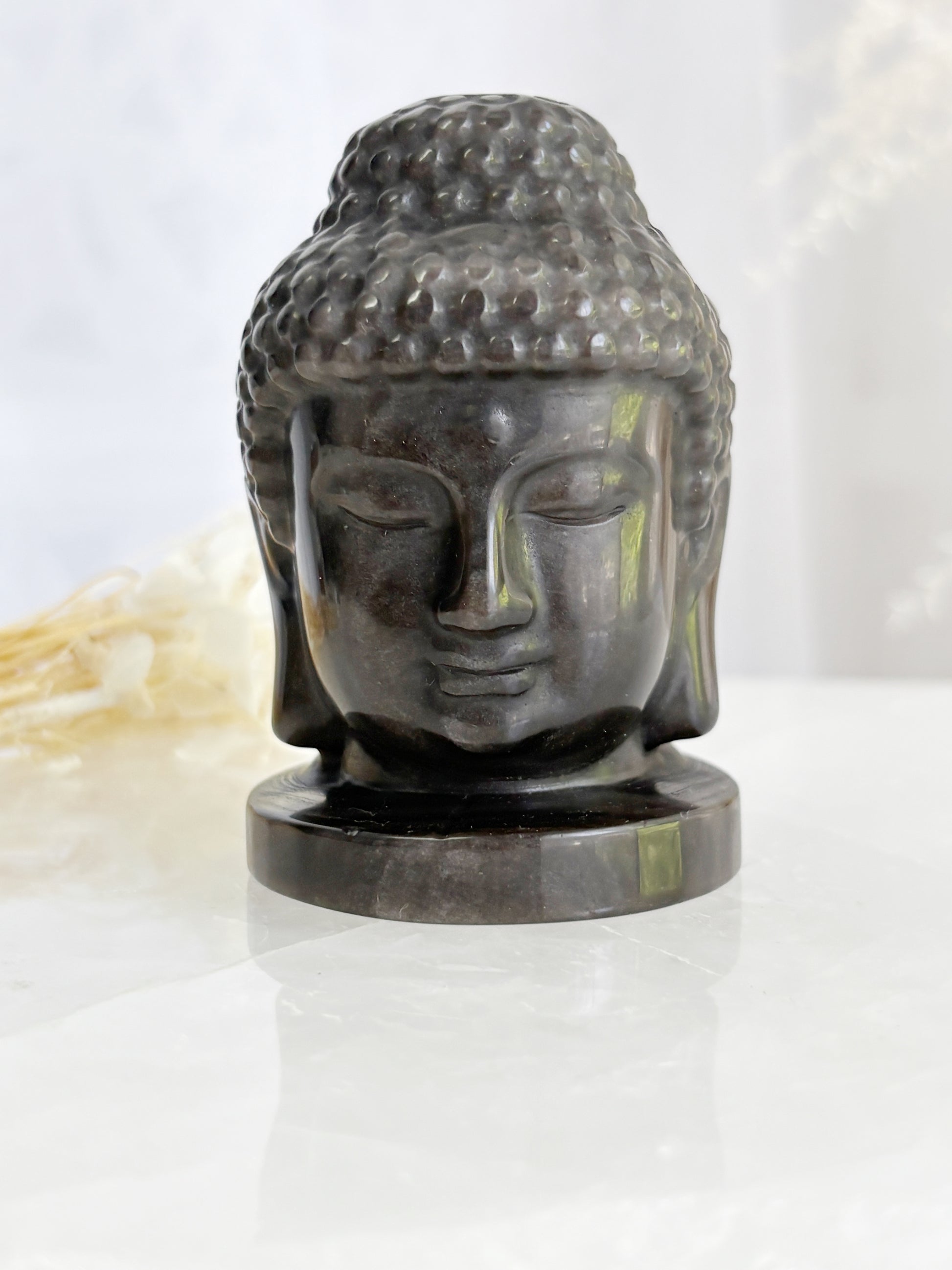 SILVER SHEEN OBSIDIAN BUDDHA HEAD CARVING STONED AND SAGED AUSTRALIA
