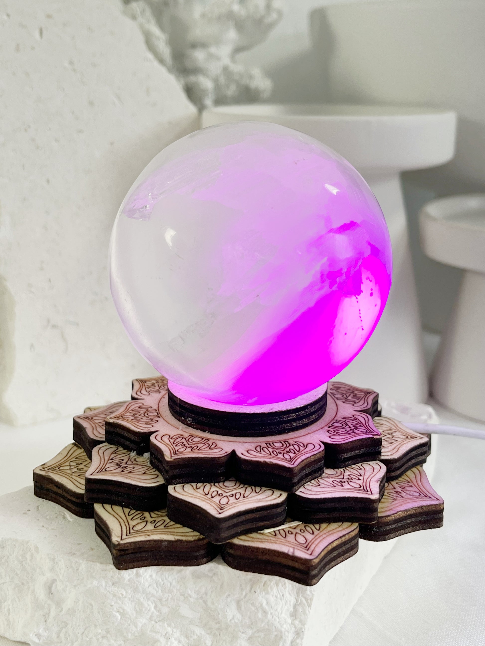 LOTUS LAMP BASE, USB POWERED WHITE OR MULTI-COLOURED, STONED AND SAGED AUSTRALIA